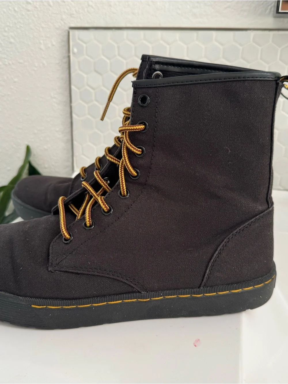 Dr. Martens Black Lace-Up Combat Boot with Yellow Heel Loop